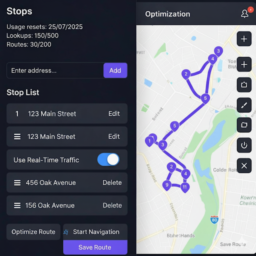 Delivery Dashboard main interface showing Stops panel and Map view
